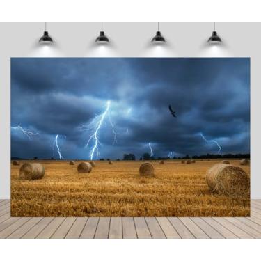 Imagem de CHNYWORK Pano de fundo de relâmpago de 2,1 x 1,5 m, campo agrícola com fardos de palha e relâmpagos, força da natureza, paisagem de fundo, tema de aventura, decoração de festa, crianças, adultos,
