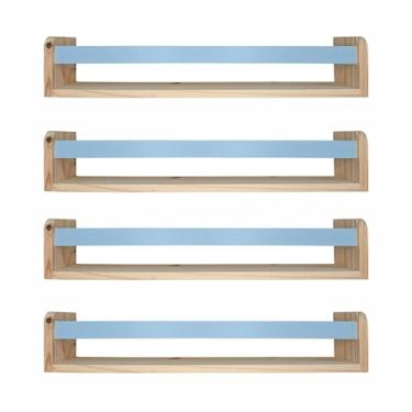 Imagem de Kit 4 Prateleiras Porta Livros em Madeira Pinus Natural Com Cerquinha Colorida Cor:Cerquinha Azul Candy;Tamanho:12x60