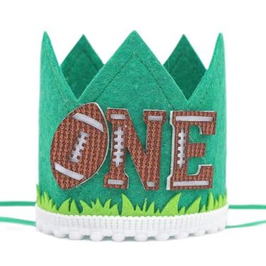Imagem de DSAANE One Year Down Football Crown - Sports Theme 1st Birthday Decorations,First Year Down Party Hat,Football First Birthday Green Crown,Football Cake Smash Party Photo Props