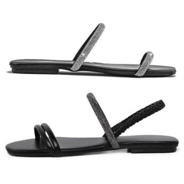 Imagem de Novo Hábito, Kit 2 Rasteirinhas Tira Dupla Femininas & Sandália Holográfica Cor:Preto;Tamanho:34