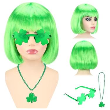 Imagem de Solsew Pacote com 6 acessórios de Dia de São Patrício para mulheres, 2 perucas curtas e retas verdes com 2 colares, 2 copos de trevo de quatro folhas, acessórios de fantasia de duende para adultos