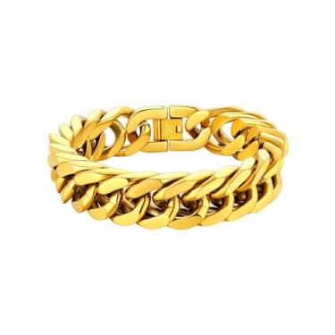 Imagem de ChainsHouse Pulseira de elos cubanos de aço inoxidável, 8 mm/12 mm/17 mm de largura, 19 cm/21 cm/22,9 cm, pulseira de corrente banhada a ouro 18K para homens e mulheres, caixa de presente, 23 cm