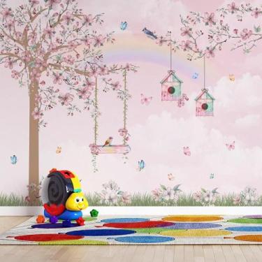 Imagem de Papel de Parede jardim encantado arco-íris e balança aquarelado - AloP