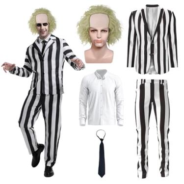 Imagem de 5 peças de terno masculino listrado preto e branco assustador fantasias de Halloween adultos com peruca gravata camisa para festa cosplay, Preto, branco, G
