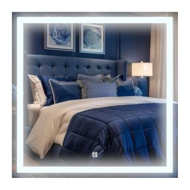 Imagem de Espelho jateado lapidado decorativo quadrado 80x80cm luz led touch Screen Dimerisável luxo Iluminado + Pendurador - Led quente, neutro ou frio (Led Frio 6000k)