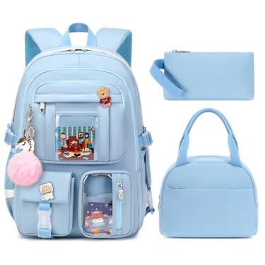 Imagem de 3 mochilas para laptop, mochila escolar de 40,6 cm, mochila universitária com lancheira, conjunto de bolsas de lápis de viagem Kawaii para meninas, Azul