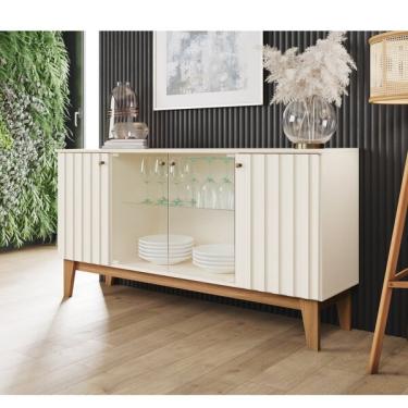 Imagem de Aparador Buffet 4 Portas Com Ripado E Vidro Eiffel Off White