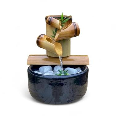 Imagem de Fonte de Água Grande Decorativa Cascata de Bambu com 3 Quedas Preto – Estilo Feng, Relaxante para Ambientes Internos