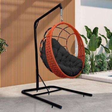 Imagem de Cadeira Balanço Ninho Suspenso Em Corda Náutica Luxo Com Suporte Ocre-preto