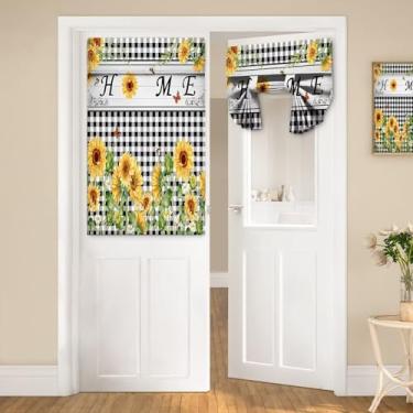 Imagem de Cortinas de porta para janelas de porta, vintage country xadrez aquarela girassol flor planta abelha borboleta cortinas para porta de vidro francês, cortinas coloridas para casa de fazenda pequena