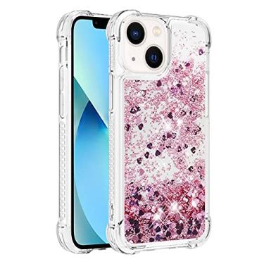 Imagem de Capa de telefone à prova de choque para iPhone 13 com glitter líquido de areia movediça e corações flutuantes, capa de TPU de camada dupla reforçada com 4 cantos, protetor de telefone seguro