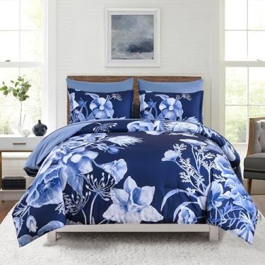 Imagem de Luxudecor Conjunto de edredom floral, tamanho casal, 7 peças, canteiro de flores azul marinho, elegante, floral com conjunto de lençol, microfibra macia para todas as estações (azul marinho, 203 x 228