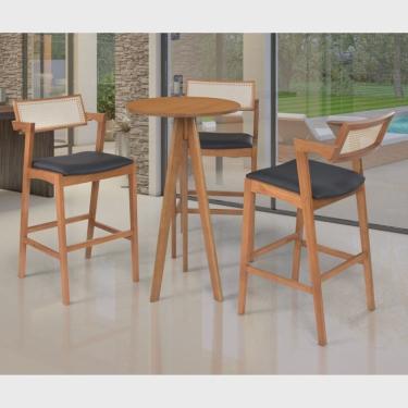 Imagem de Conjunto Mesa Bistrô Alta 106x60cm Nápoles com 3 Banquetas Madeira Maciça com Rattan Natural e