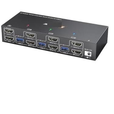 Imagem de YXX7XY Interruptor KVM de monitor duplo USB 3.0 HDMI KVM, 2 monitores, 3 computadores, emulador EDID, 4K @ 60Hz 2K a 144Hz com 4 portas USB 3.0 (plugue UE 302AS)
