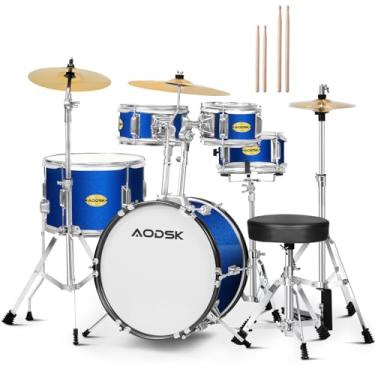 Imagem de AODSK Conjunto de bateria infantil de 5 peças para iniciantes, kit completo de bateria de 35,5 cm com trono ajustável, prato, chapéu alto, pedal e baqueta, preto