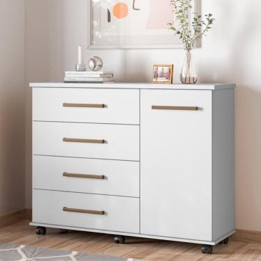 Imagem de Cômoda 4 Gavetas 1 Porta Com Rodizios Flower - Branco Branco