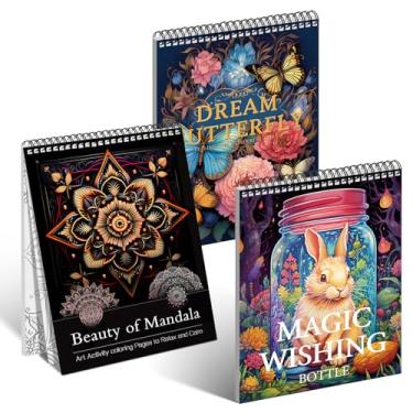 Imagem de 3 livros de colorir para adultos para adultos livro de colorir para mulheres encadernado em espiral impresso em um lado (beleza de mandala, borboleta e desejos)