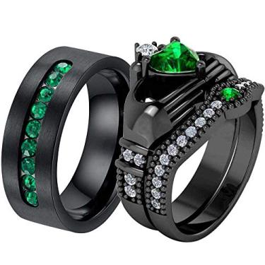 Imagem de ringheart 2 anéis para ele e ela anéis de casal Claddagh anel preto CZ conjuntos de alianças de casamento femininas aço titânio masculino alianças de casamento, women size6 & men size12, Metal Cristal