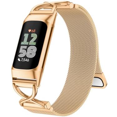 Imagem de JKD Pulseiras de metal compatíveis com Fitbit Charge 5/Charge 6 para mulheres e homens, pulseira de aço inoxidável magnética de substituição para Fitbit Charge 5/Charge 6 Fitness Tracker, ouro real