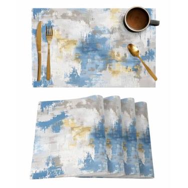 Imagem de Conjunto de 6 jogos americanos de arte abstrata, azul, cinza, amarelo, pintura a óleo, algodão, linho, antiderrapante, lavável, azul, cinza, estampa de graffiti, jogo americano para banquete, jantar