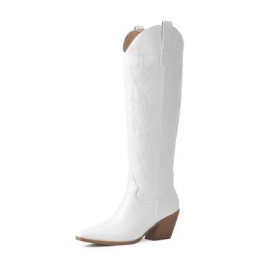 Imagem de iiimmu Botas femininas Cowgirl, cano alto, bico fino, salto bloco, camurça caubói e couro sintético com bordado, PU branco - altura do joelho, 42
