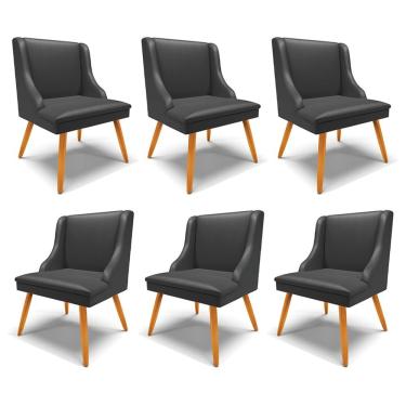 Imagem de Kit 6 Cadeiras Decorativas Sala De Jantar Pés Palito De Madeira Firenze Pu Preto Fosco/natural G19