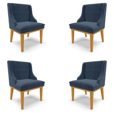 Imagem de Kit 4 Cadeiras Decorativas Sala De Jantar Base Fixa De Madeira Firenze Suede Azul Marinho/castanho