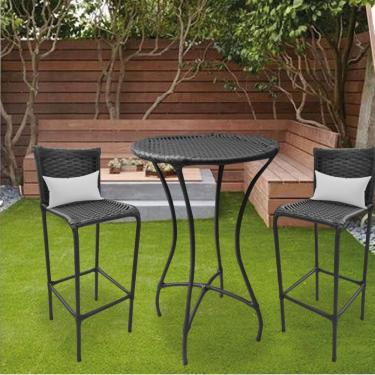 Imagem de Kit Mesa Com 2 Banqueta Flora Ferro E Fibra Sintética Preto Almofada Suede Branco - Amey Decor