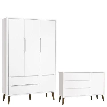 Imagem de Cômoda Infantil Com Porta E Guarda Roupa 3 Portas Theo Branco Acetinado Com Pés Amadeirado - Reller