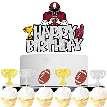 Imagem de LETLIMIT Topo de Cupcake de Sobremesa com Glitter Vermelho 6 Peças e Topo de Bolo de Um Jogador de Futebol, Troféu de Bola de Rúgbi, Tema de Jogo Esportivo, Decoração de Dia de Tou (, Ouro)