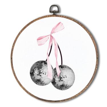 Imagem de Tzhim Arte de parede redonda moderna e divertida, arco rosa coquete bola de discoteca decoração de parede redonda emoldurada, esculturas de parede em tela feminina para quarto de meninas, dormitório