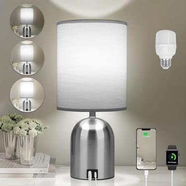 Imagem de Fttoyoly Abajur De Cabeceira Para Quarto, Luminária Pequena Mesa Com 3 Vias Reguláveis, Sensível Ao Toque, Escritório, Porta Carregamento Usb, Sala Estar, Leitura, Cinza/Prateado, Prateado