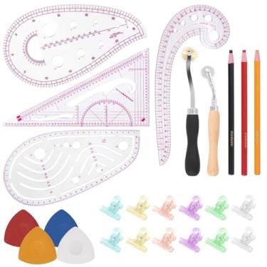 Imagem de Swpeet Kit De Régua Costura Métrica Transparente Com 33 Peças, Triangular, Curva E Vírgula, Clipes Plástico Várias Cores, Giz Triangular Para Alfaiates, Roda Traçado, Lápis Marcação Artes Artesanato