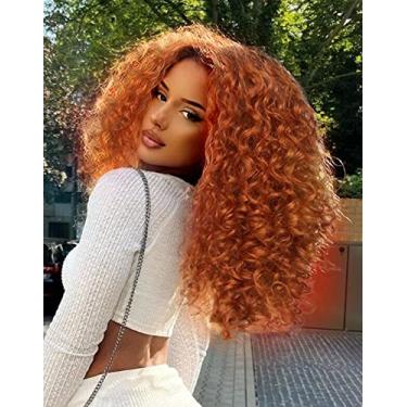 Imagem de MITIMES Peruca De Renda Frontal Cacheada Ruiva Pré-Arrancada 16 Polegadas Hd, Cabelo Humano, Mistura Sintética, Laranja, Curta Para Mulheres Negras