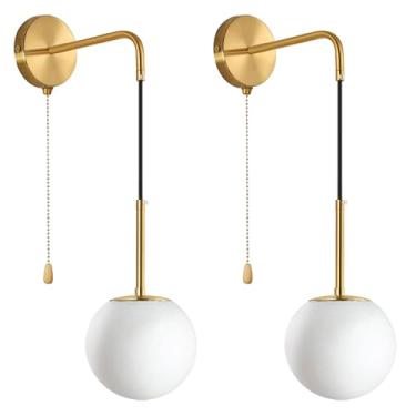 Imagem de femusytt Arandelas De Parede Douradas Com Interruptor Corrente, Conjunto Moderno Meados Do Século Duas Cúpulas Vidro Suspensas Para Banheiro, Luminária Decorativa Ambientes Internos, Cabeceira, Quar