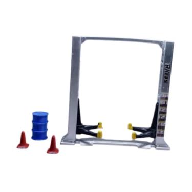 Imagem de simhoa Diorama 1/64 Ferramentas de reparo de garagem de carro Tambor de óleo Reparo de estrutura Elevador de carro Exibição de cena Modelo Cones de trânsito, Elevador Argent