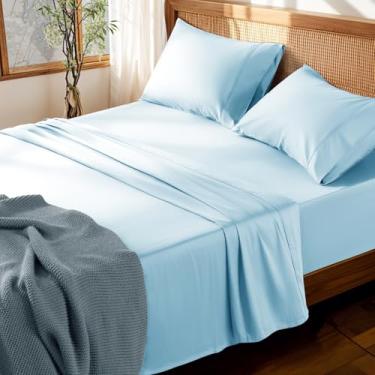 Imagem de LBRO2M Jogo de lençol 100% algodão com bolso profundo 48,3 cm, 1000 fios, tamanho casal, 4 peças, roupa de cama macia e confortável para todas as estações (casal, azul claro)