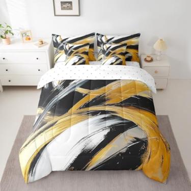 Imagem de Feelyou Conjunto de cama Queen abstrato preto e dourado, 7 peças, arte abstrata, conjunto de edredom com lençol com lençol geométrico moderno para meninos e meninas