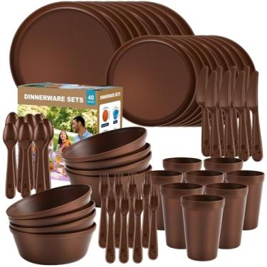 Imagem de Conjunto de louça de plástico de cozinha de 40 peças, serviço para 8 pessoas, inclui pratos, copos, tigelas, garfos, facas e colheres, durável e reutilizável, seguro para micro-ondas, ideal para uso