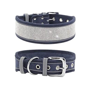 Imagem de Pimaodog Coleira para cachorro com strass, deslumbrante espumante camurça macia refletora grande coleira de cachorro cristal diamante colar para cães médios e grandes (M: 38-48 cm, azul marinho)