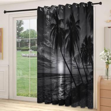 Imagem de Divisória de parede de cortina de divisória de sala tropical, coqueiros na curva de praia por The Wind Horizon Over The Sea Picture, adequada para portas de vidro deslizantes, cortinas térmicas de