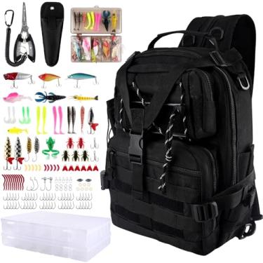 Imagem de Hikary 136 peças, mochila de pesca, mochila com acessórios, kit de ferramentas de pesca, alicate de peixe, água salgada, conjunto de equipamentos de pesca para homens e mulheres (preto)