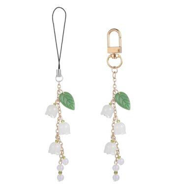 Imagem de Hpmjz 2 peças lindos pingentes de telefone lírio do vale, pingente de telefone flor de jade folha de jade contas pulseira de telefone estética para celular cordão de celular para mulheres bolsa