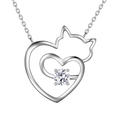 Imagem de beautlace Lindo colar de coração de gato banhado a prata/preto adorável gato animais colar pingente joia para mulheres e homens KP0251, One size, Cobre, Zircônia cúbica