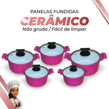 Imagem de Jogo De Panelas Cerâmica Branca Antiaderente 5 Peças Rosa Tampa De Vid