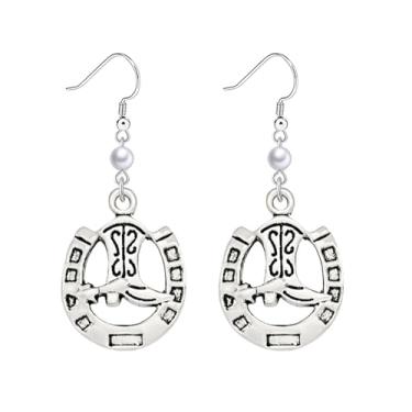 Imagem de Dreuyet Wrangler Brincos de pérola ocidental rústica Couture brincos em forma de ferradura em forma de U brincos pendentes country concho brincos chapéu bota brincos declaração joias para mulheres,