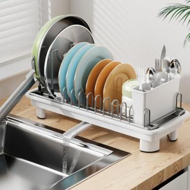 Imagem de Laveshop Escorredor de louça pequeno, escorredor de pratos compacto para balcão de cozinha, com compartimentos traseiros ajustáveis, economia de espaço para cozinhas pequenas, branco