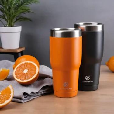 Imagem de Copo Térmico Parede Dupla em Aço Inox Laranja 500ml com Tampa Flip - Estilo Premium