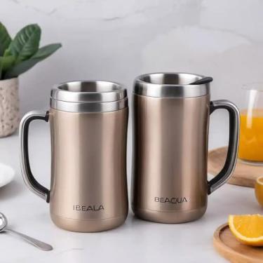 Imagem de Caneca Térmica Parede Dupla em Aço Inox Bege 350ml com Tampa Rosqueável - Estilo Casual