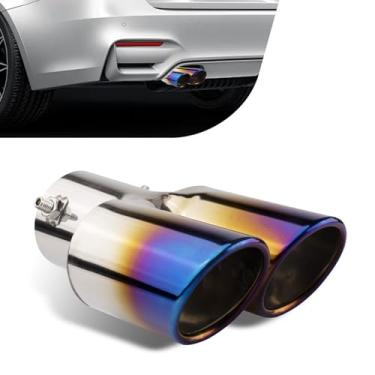 Imagem de MOXRUQ Ponta de escape dupla, entrada de 6,3 cm, saída de 6 cm, ponta de escapamento duplo para escapamento externo de 6,3 cm, escape do silenciador com parafuso, modificação universal do tubo de